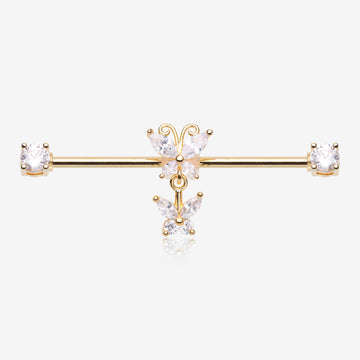 Golden Marquise Butterfly Dangle Sparkle Ends Industrial Barbell-Clear Gem